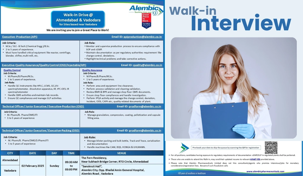 Alembic Pharmaceuticals – Walk-In Drive for Various Roles