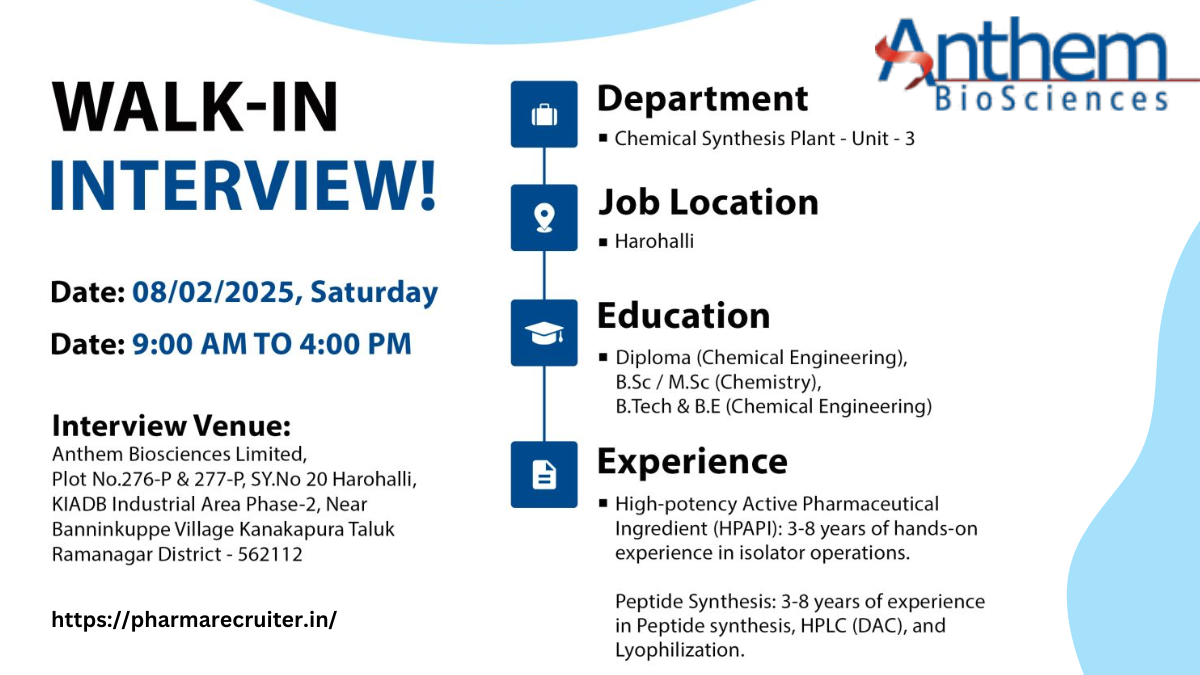 Anthem BioSciences Walk-In Interview for Chemical Synthesis Plant