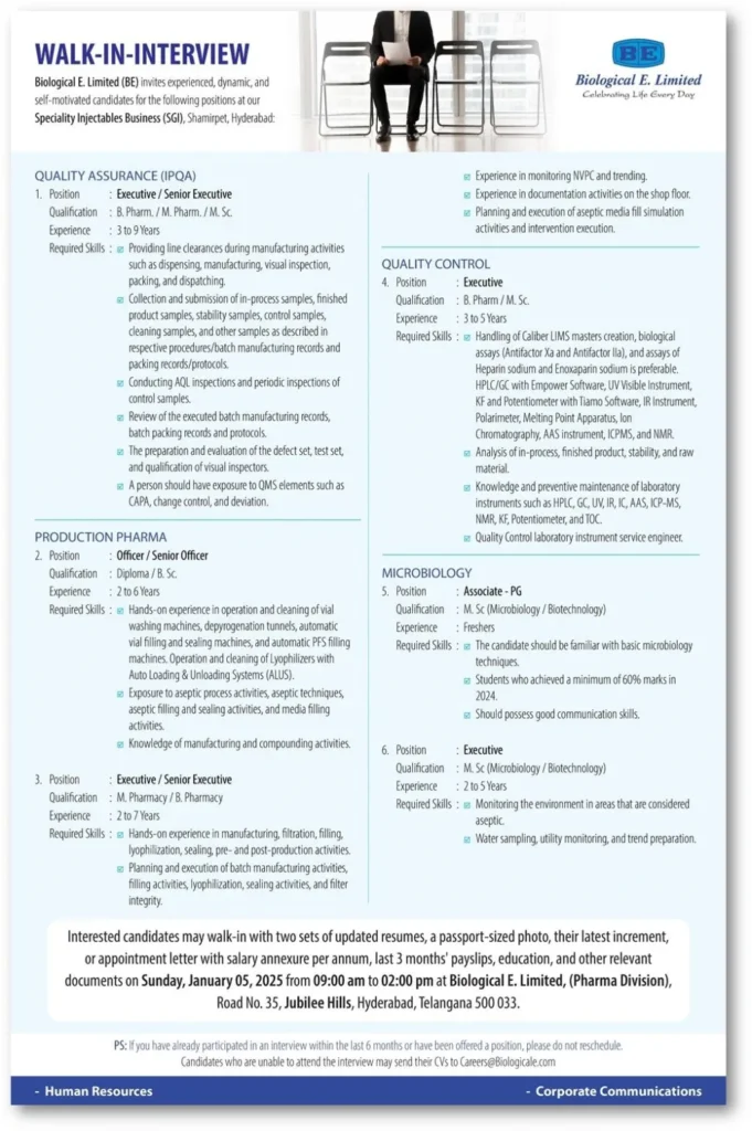 Biological E. Limited – Walk-In Interviews