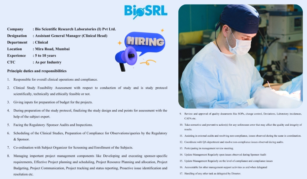 Bio Scientific Research Laboratories - Hiring Assistant General Manager (Clinical Head)