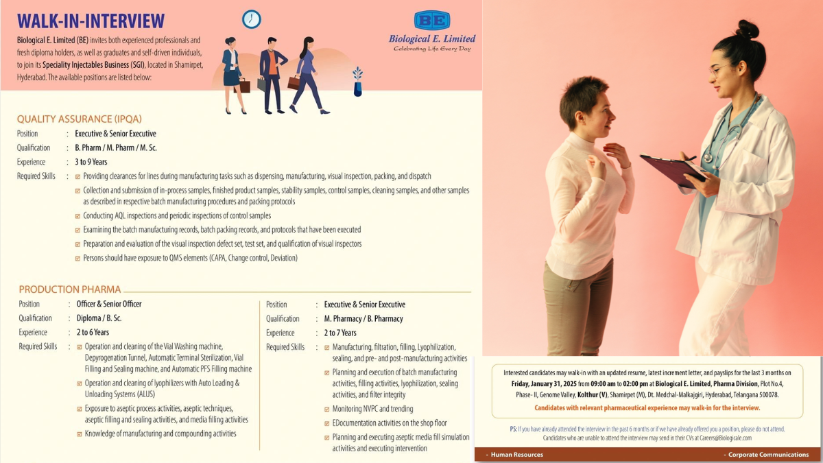 Biological E. Limited (BE) - Walk-In Interview