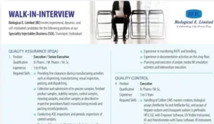 Biological E. Limited – Walk-In Interviews
