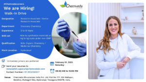 Chemveda Careers 2025 - Walk in Drive for Research Associate
