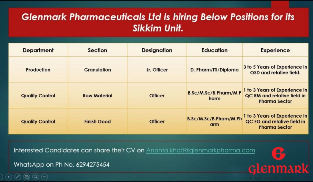 Glenmark Pharmaceuticals Ltd is Hiring for Sikkim Unit
