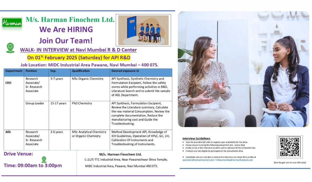 Harman Finochem Ltd - Walk In Interview for Research & Development