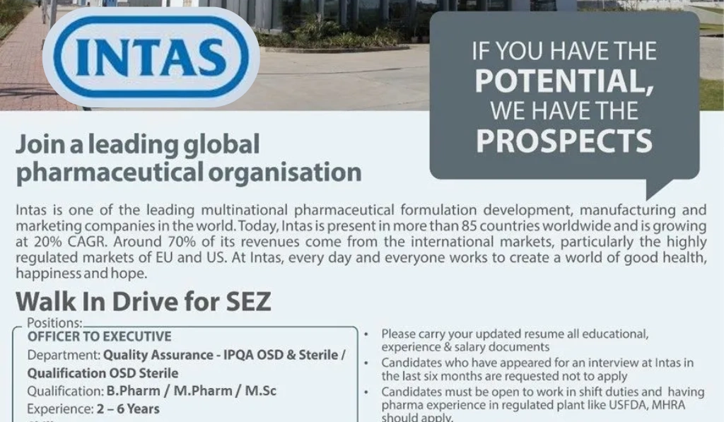 INTAS Pharma – Walk-In Interview
