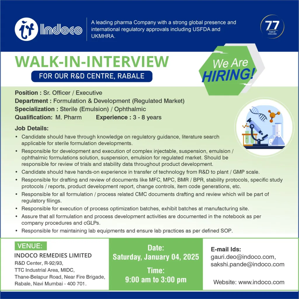 Indoco Remedies Ltd – Walk-In Interview