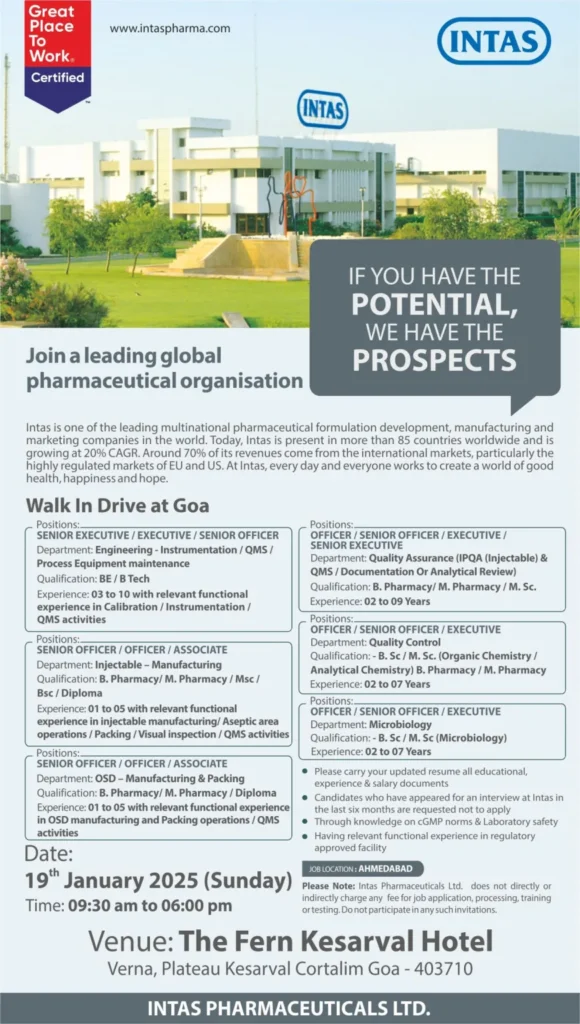 INTAS Pharmaceuticals – Walk-In Interview