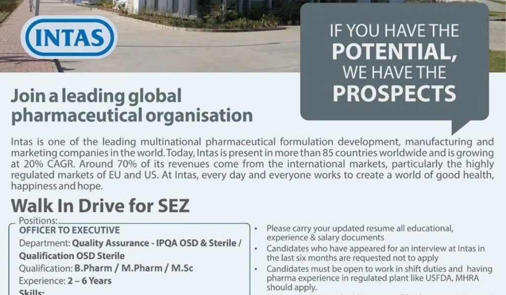Intas Pharmaceuticals – Walk-In Drive for QA