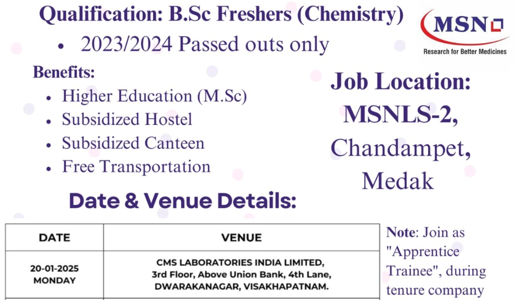 MSN Laboratories Walk-In Interview for Freshers