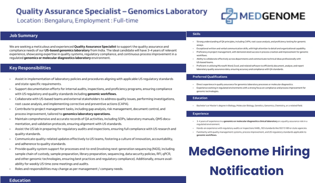 MedGenome Is Hiring A Quality Assurance Specialist