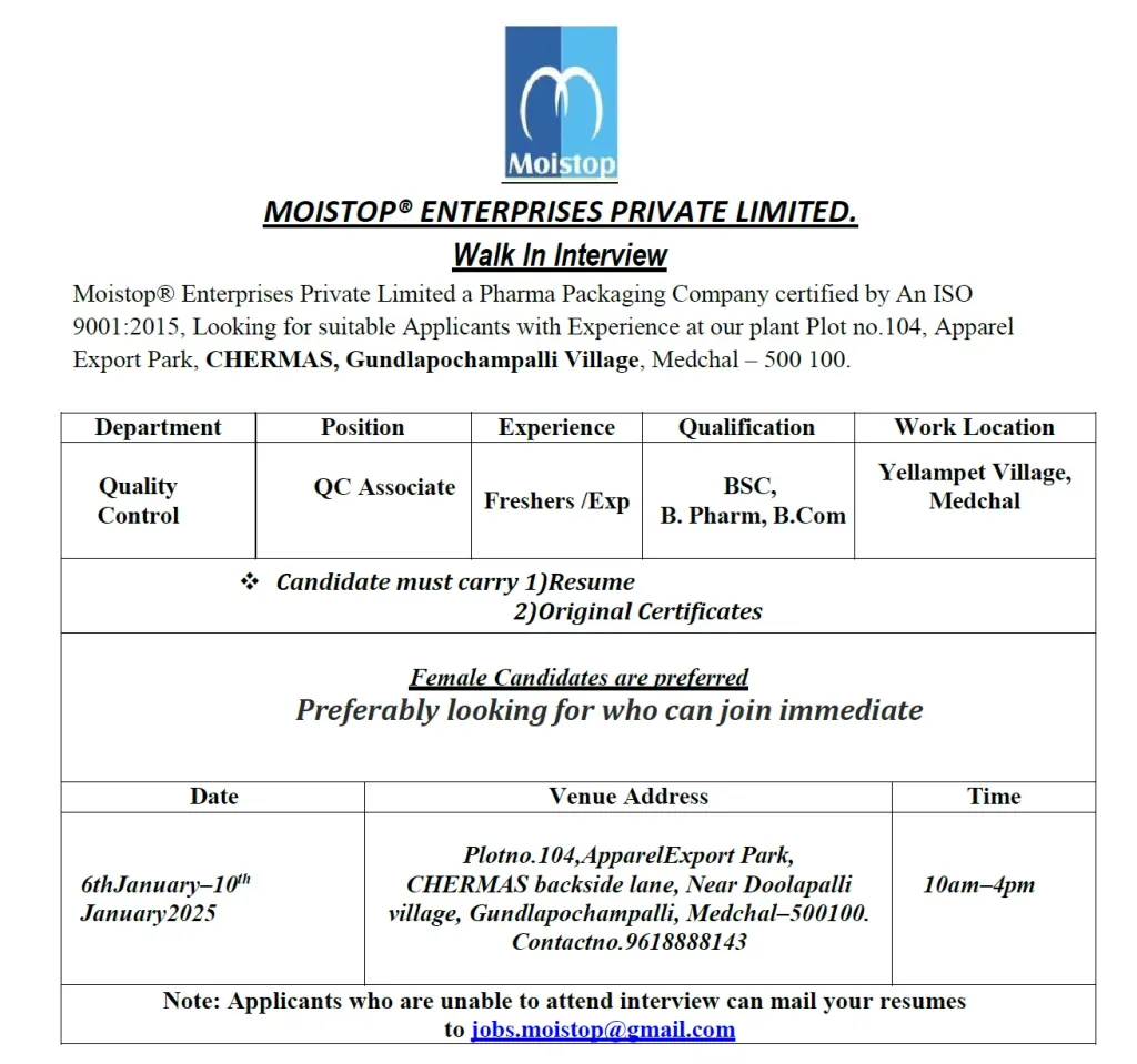 Moistop Enterprises Pvt. Ltd – Walk-In Interviews for Freshers