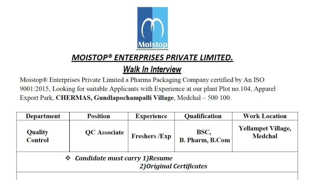 Moistop Enterprises Pvt. Ltd – Walk-In Interviews for Freshers