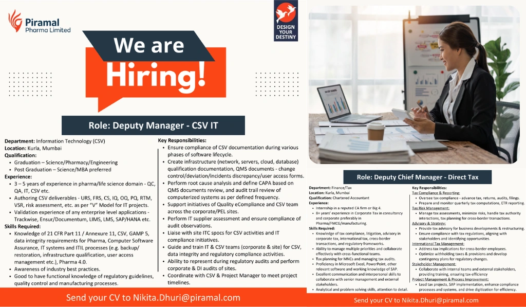 Piramal Pharma Hiring Deputy Manager