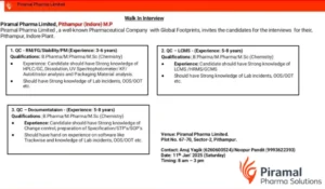 Piramal Pharma Limited – Walk-In Interview for Multiple Positions