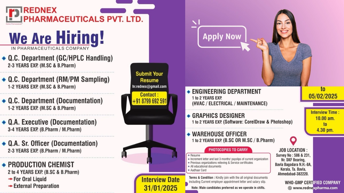 REDNEX Pharmaceuticals Is Hiring Candidates for QA, QC, Production and Engineering Departments