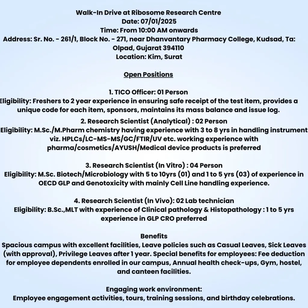 Ribosome Research Centre Pvt. Ltd – Walk-In Notification