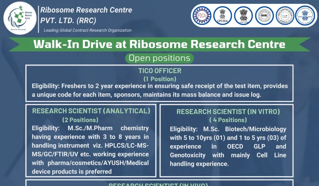 Ribosome Research Centre Pvt. Ltd – Walk-In for Freshers