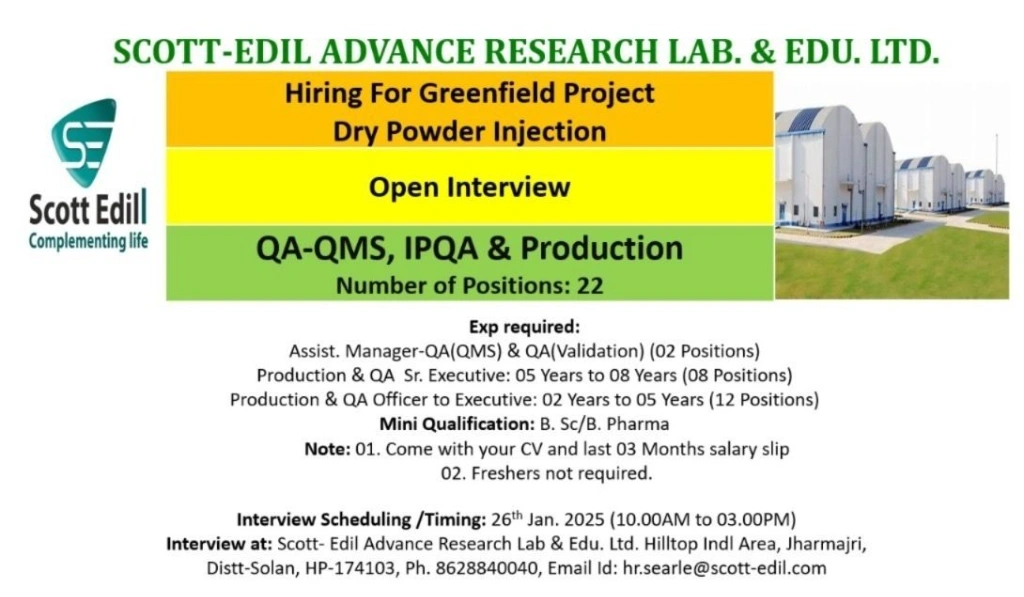 Scott-Edil - Hiring QA, QC and Senior Executive for Greenfield Project