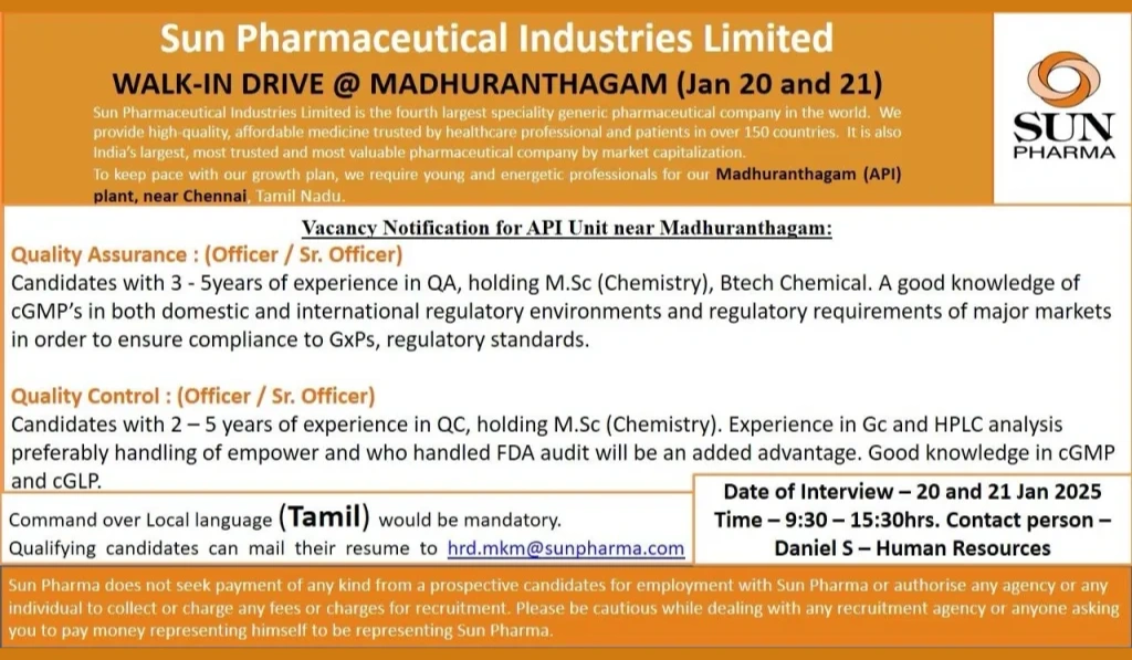 Sun Pharmaceutical Industries – Walk-In Interview for QA Roles