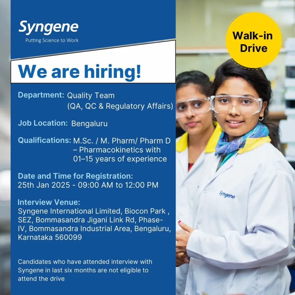 Syngene International Ltd – Walk-In for QA, QC