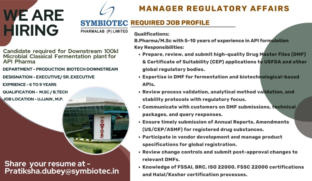 Symbiotec PharmaLab Hiring Executive / Sr. Executive – Biotech Production Downstream