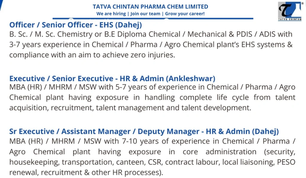 Tatva Chintan Pharma Chem Limited – Job Openings