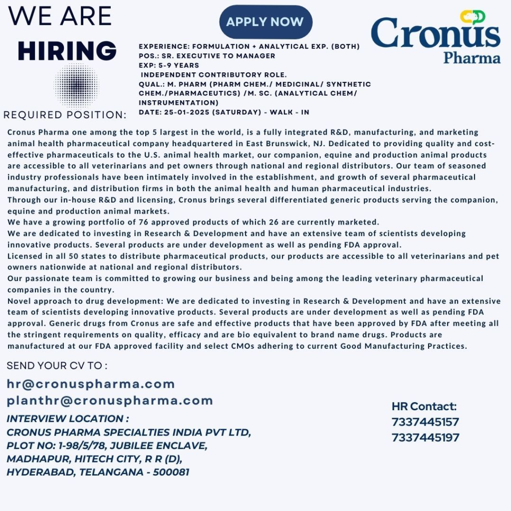 Cronus Pharma - Urgent Hiring For Senior Executive