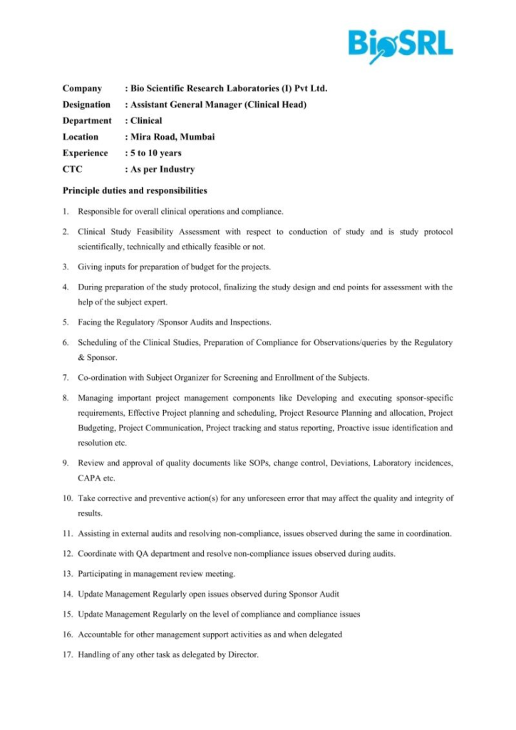 Bio Scientific Research Laboratories - Hiring Assistant General Manager (Clinical Head)