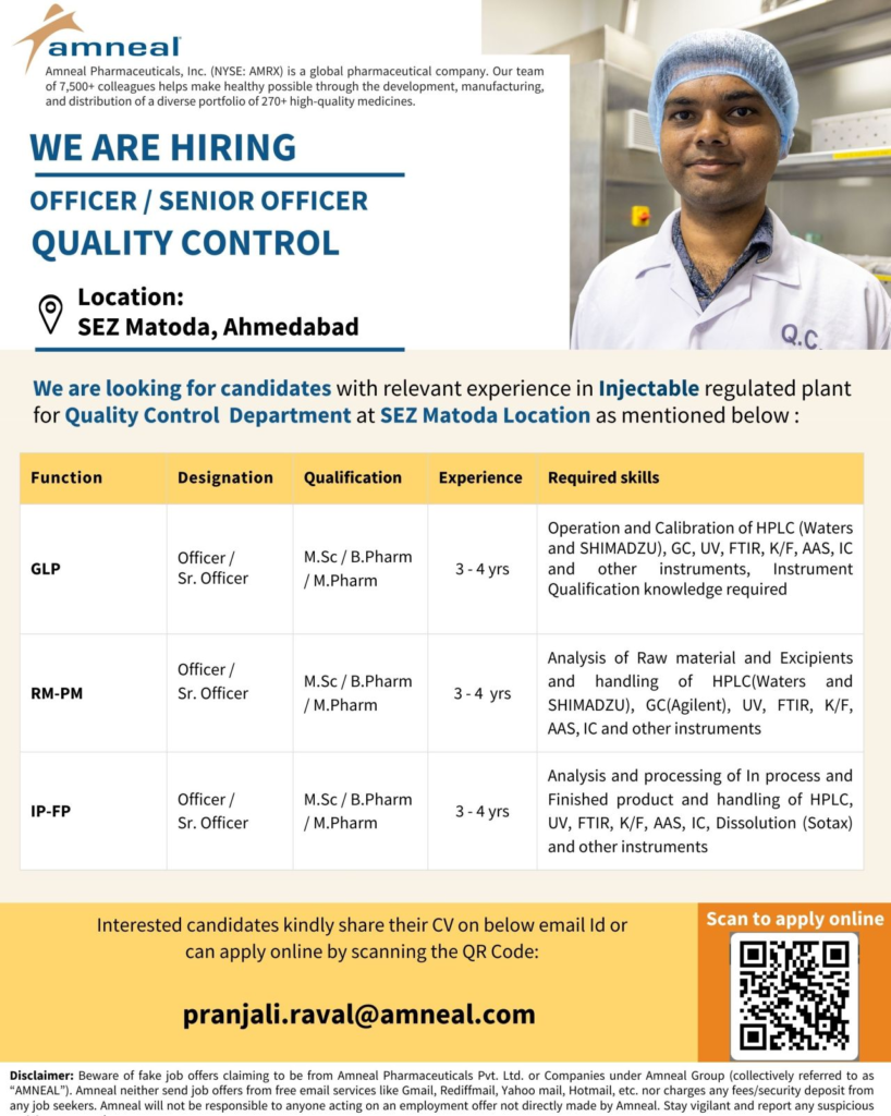 Amneal Pharmaceuticals - Hiring Quality Control Officers