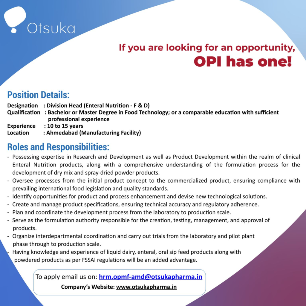 Otsuka - Hiring Division Head (Enteral Nutrition - F&D)
