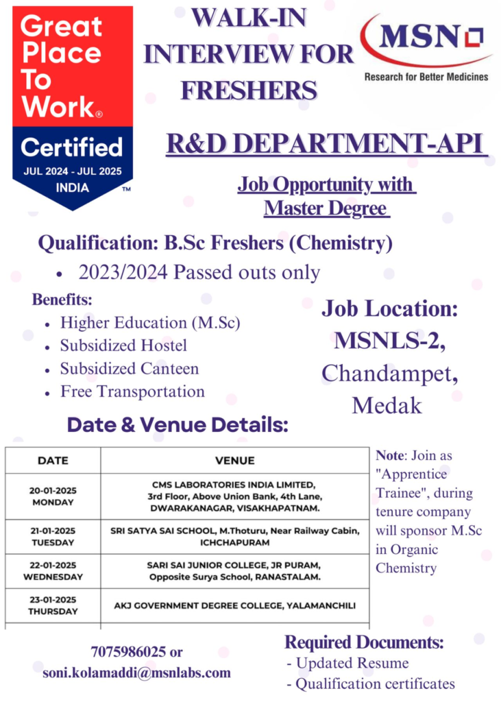MSN Laboratories Walk-In Interview for Freshers