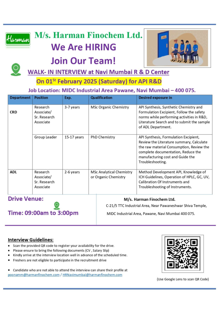 Harman Finochem Ltd - Walk In Interview for Research & Development