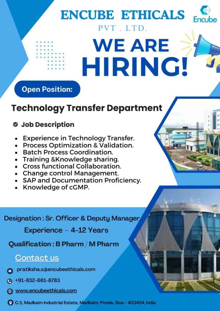 Encube Ethicals - Open Positions for B Pharm / M Pharm for Sr. Officer & Deputy Manager