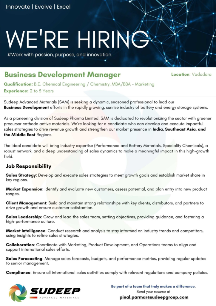 Sudeep Advanced Materials Hiring Business Development Manager