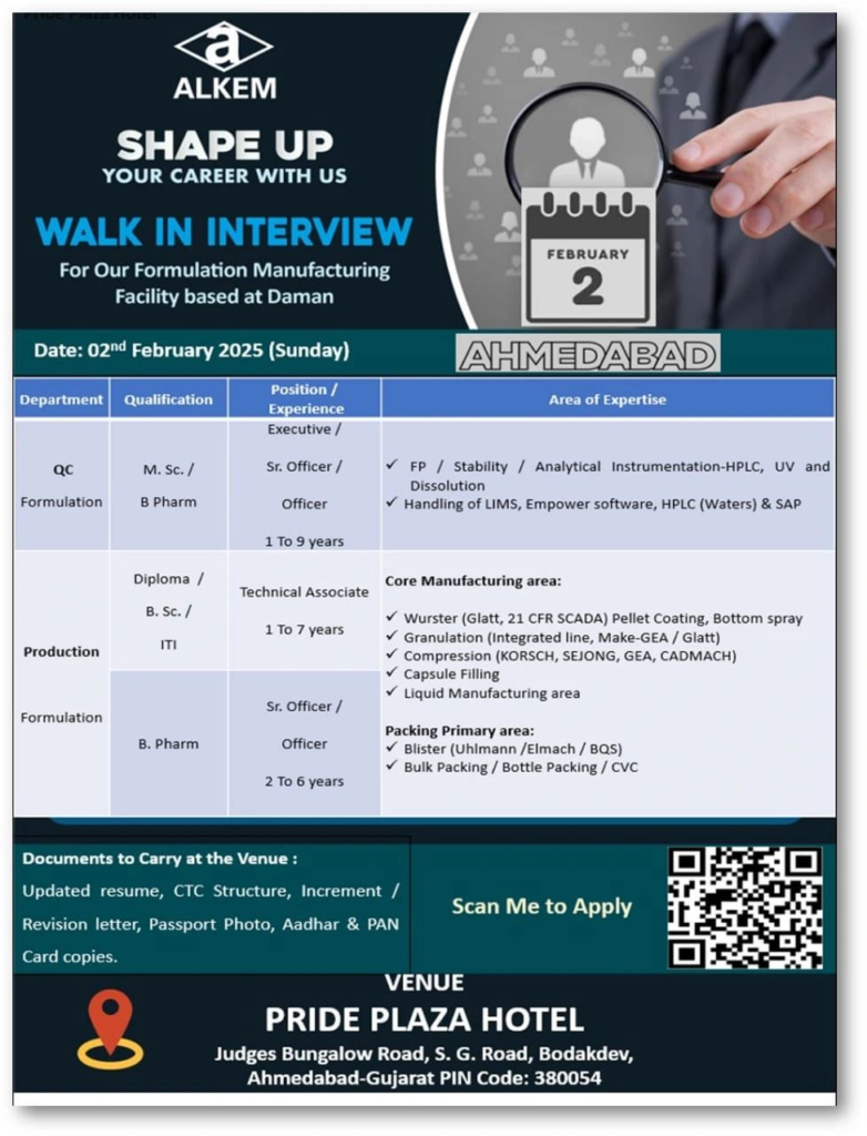 Alkem Hiring Pharmaceutical Manufacturing Careers in Daman