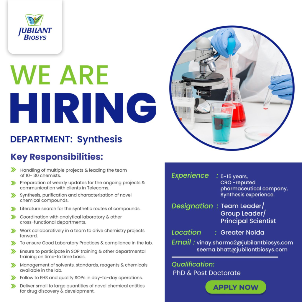 Jubilant Biosys is Hiring Notification