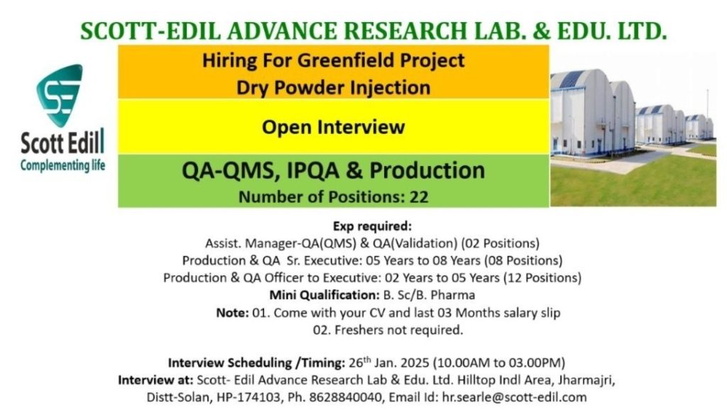 Scott-Edil -  Hiring QA / QC / Senior Executive for Greenfield Project