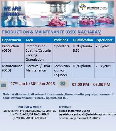 Sri Krishna Pharma Hiring in Nacharam
