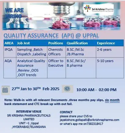Sri Krishna Pharma Hiring in Uppal