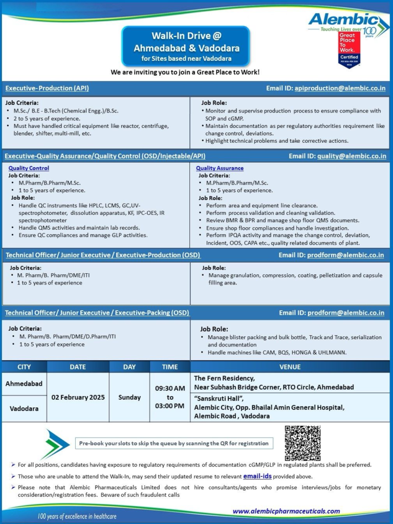 Alembic Pharmaceuticals – Walk-In Drive for Various Roles