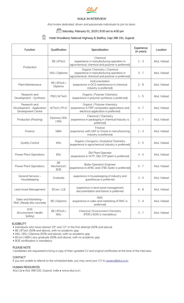 Atul Ltd Walk in Interview