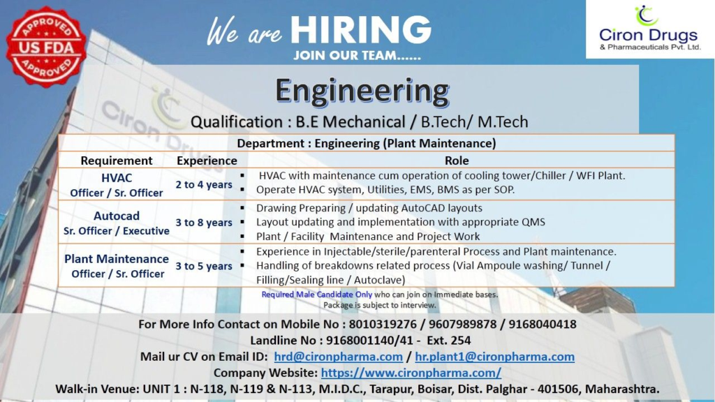 Ciron Drugs Hiring Autocad Sr. Officer / Executive