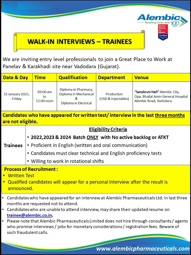 Alembic Pharmaceuticals Limited - WALK-IN INTERVIEWS