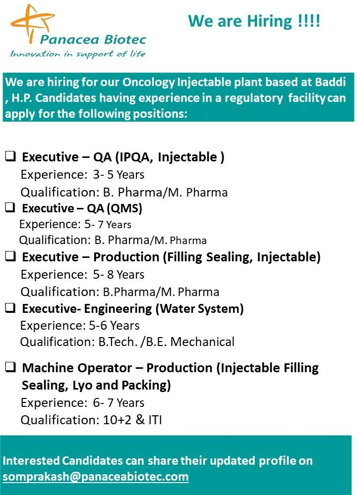 Panacea Biotec – Hiring QA (IPQA), QC, Production and Engineering