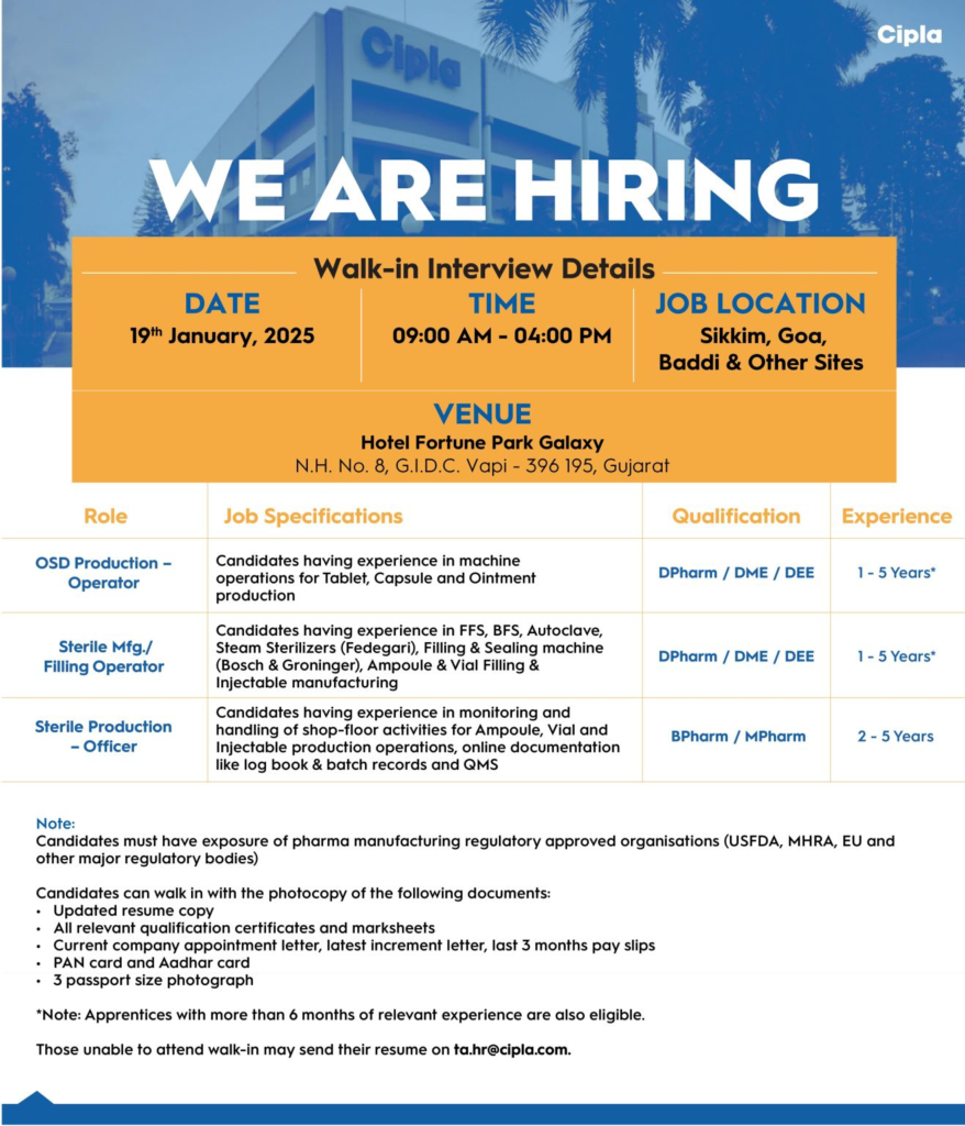 Cipla Walk in NOtification