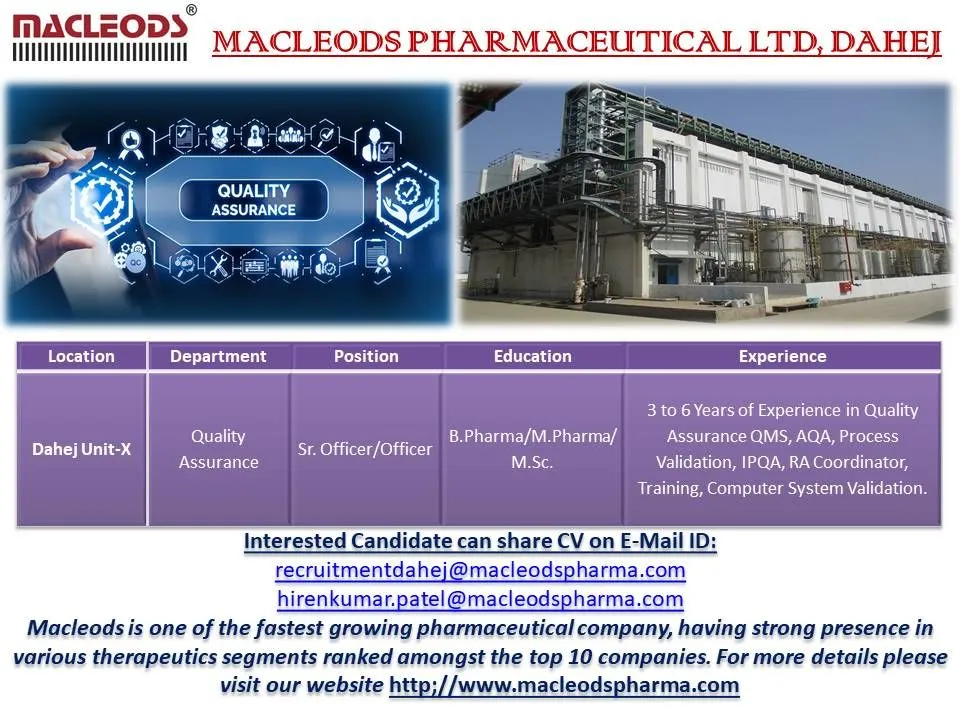 Macleods Pharmaceuticals – Urgent Hiring for Quality Assurance Openings