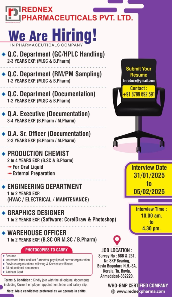 REDNEX Pharmaceuticals Is Hiring M.Sc, B.Pharm, B.Pharm, M.Pharm for QA, QC, Production and Engineering Departments