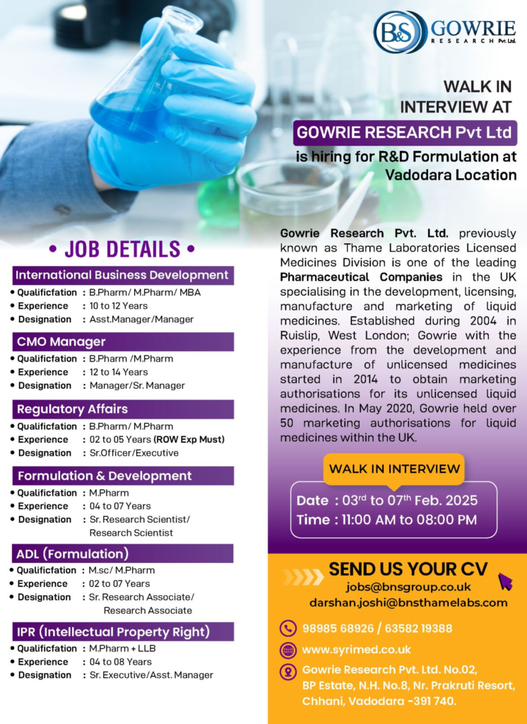 Gowrie Research – Walk-In Interview for Multiple Positions