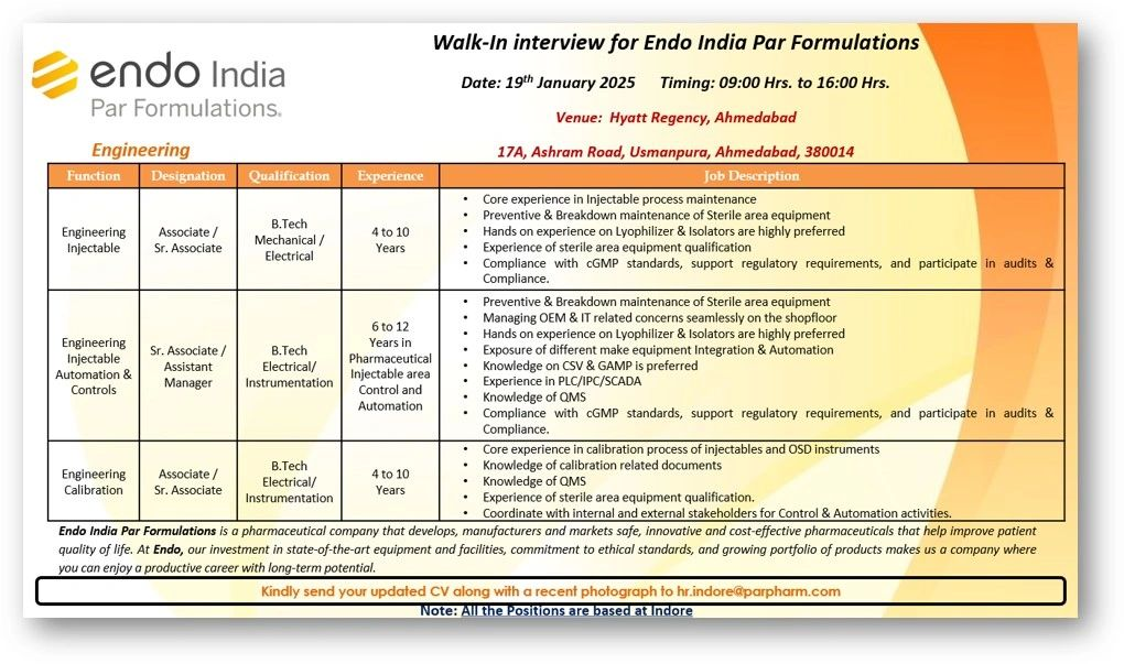 Endo India Enginnering job Notification